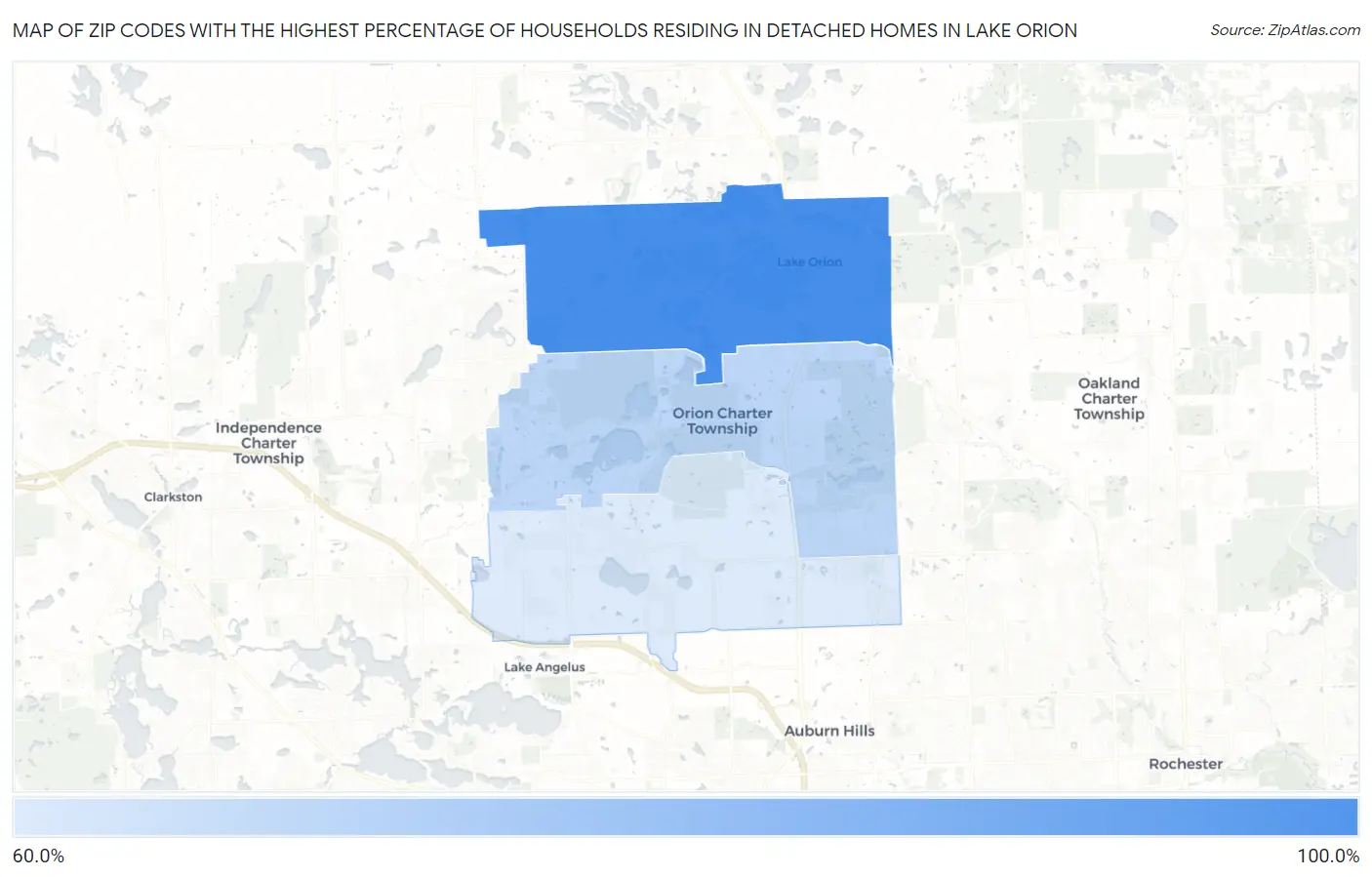 Zip Codes with the Highest Percentage of Households Residing in Detached Homes in Lake Orion Map