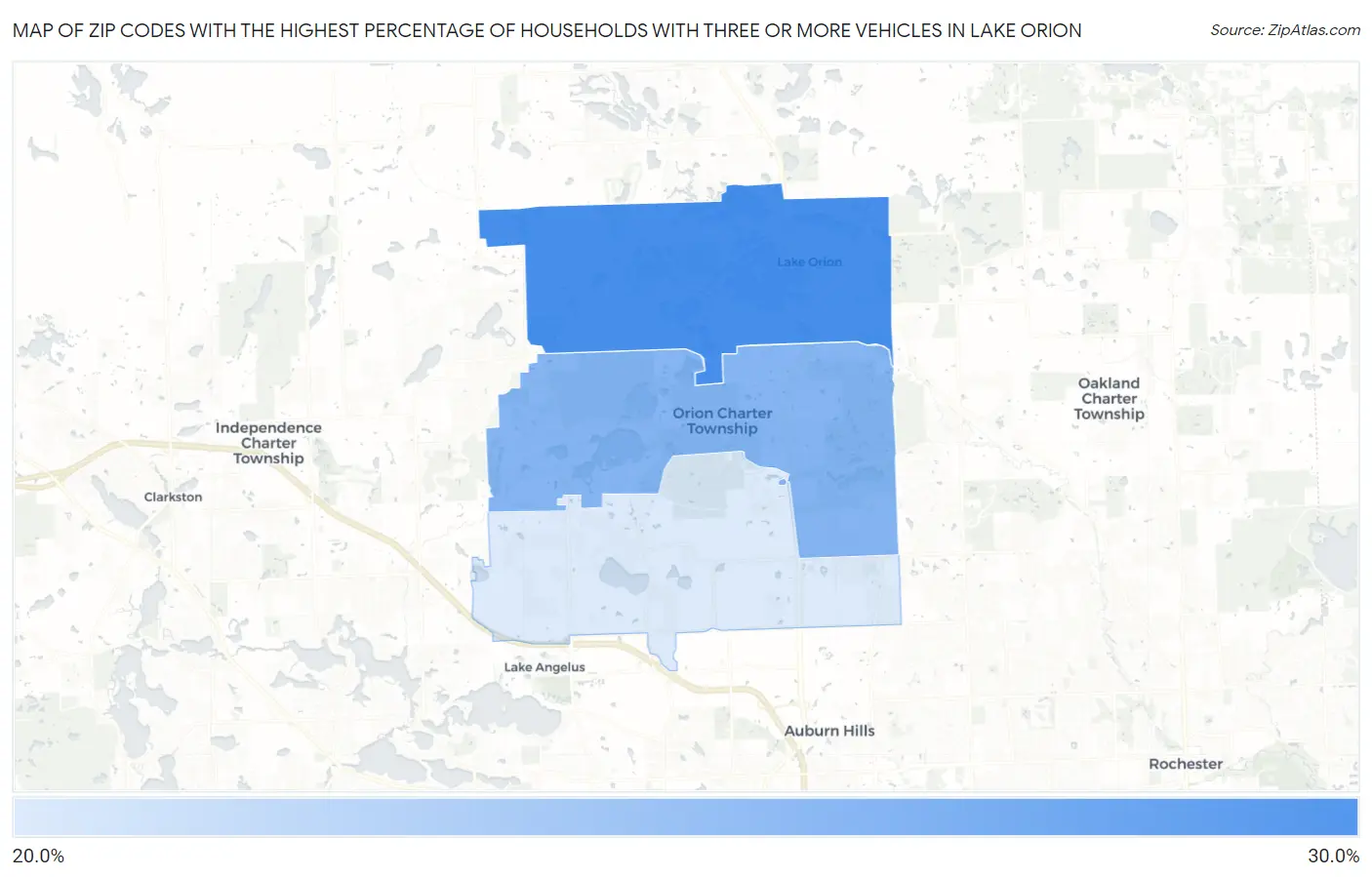 Zip Codes with the Highest Percentage of Households With Three or more Vehicles in Lake Orion Map