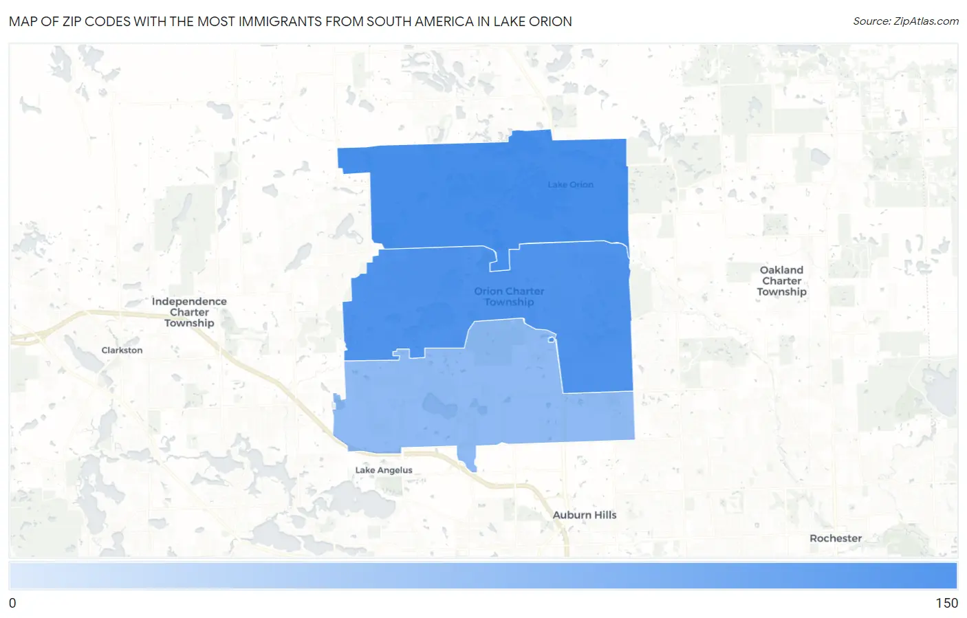 Zip Codes with the Most Immigrants from South America in Lake Orion Map