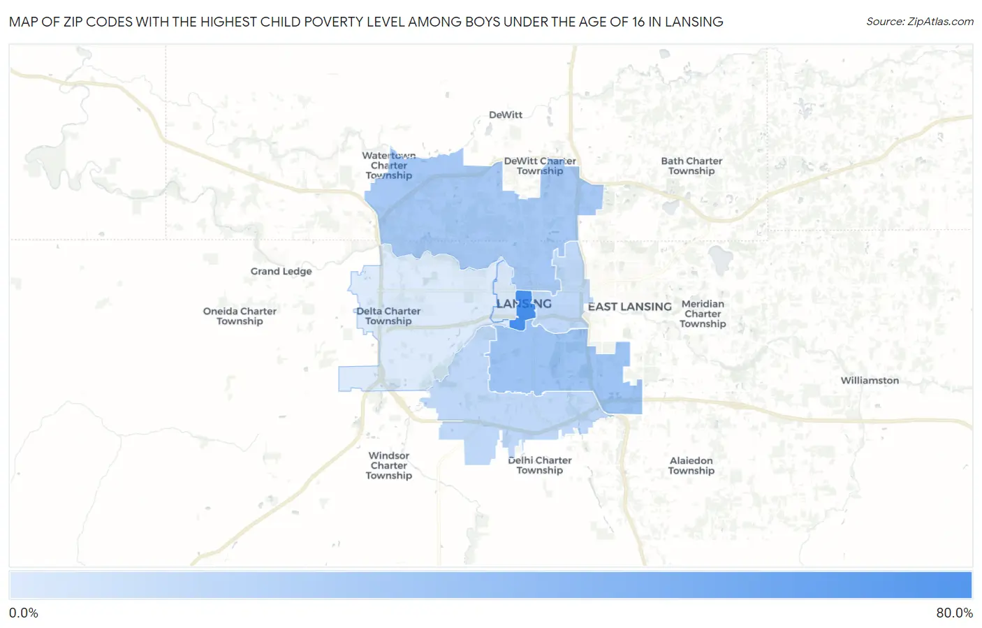 Zip Codes with the Highest Child Poverty Level Among Boys Under the Age of 16 in Lansing Map