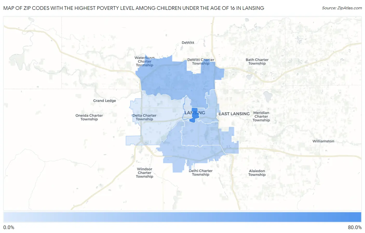 Zip Codes with the Highest Poverty Level Among Children Under the Age of 16 in Lansing Map