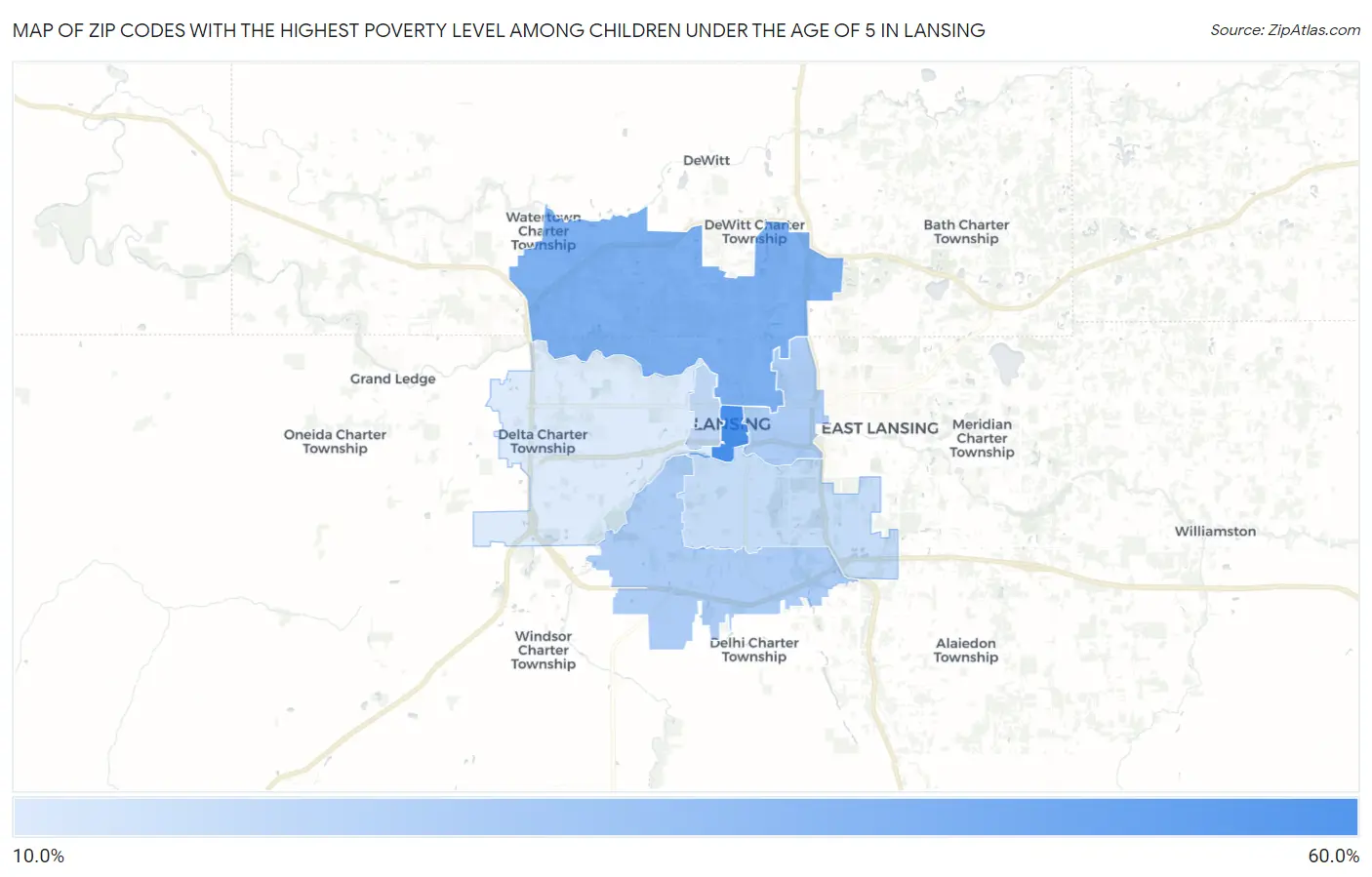 Zip Codes with the Highest Poverty Level Among Children Under the Age of 5 in Lansing Map