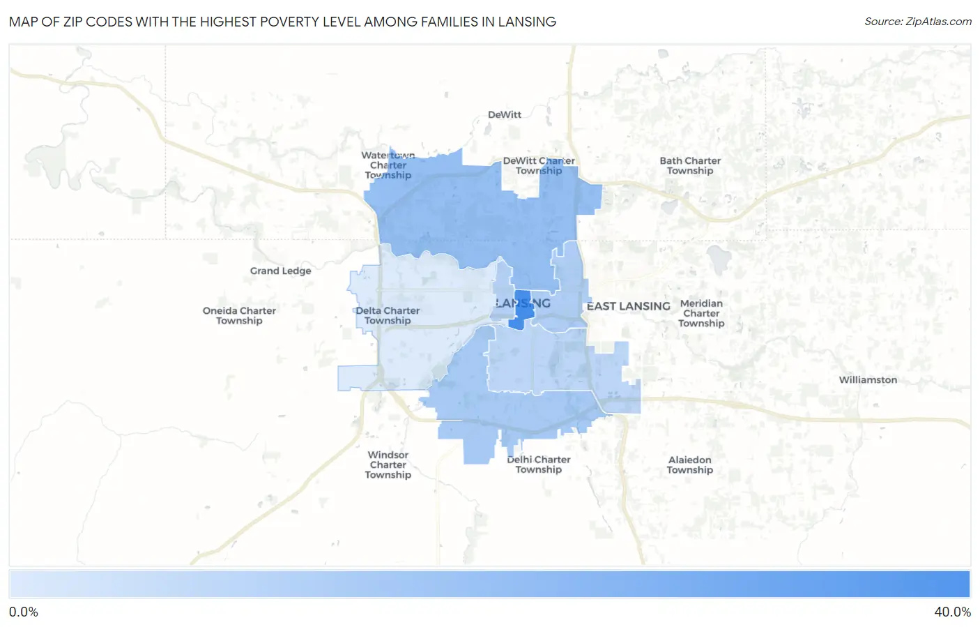 Zip Codes with the Highest Poverty Level Among Families in Lansing Map