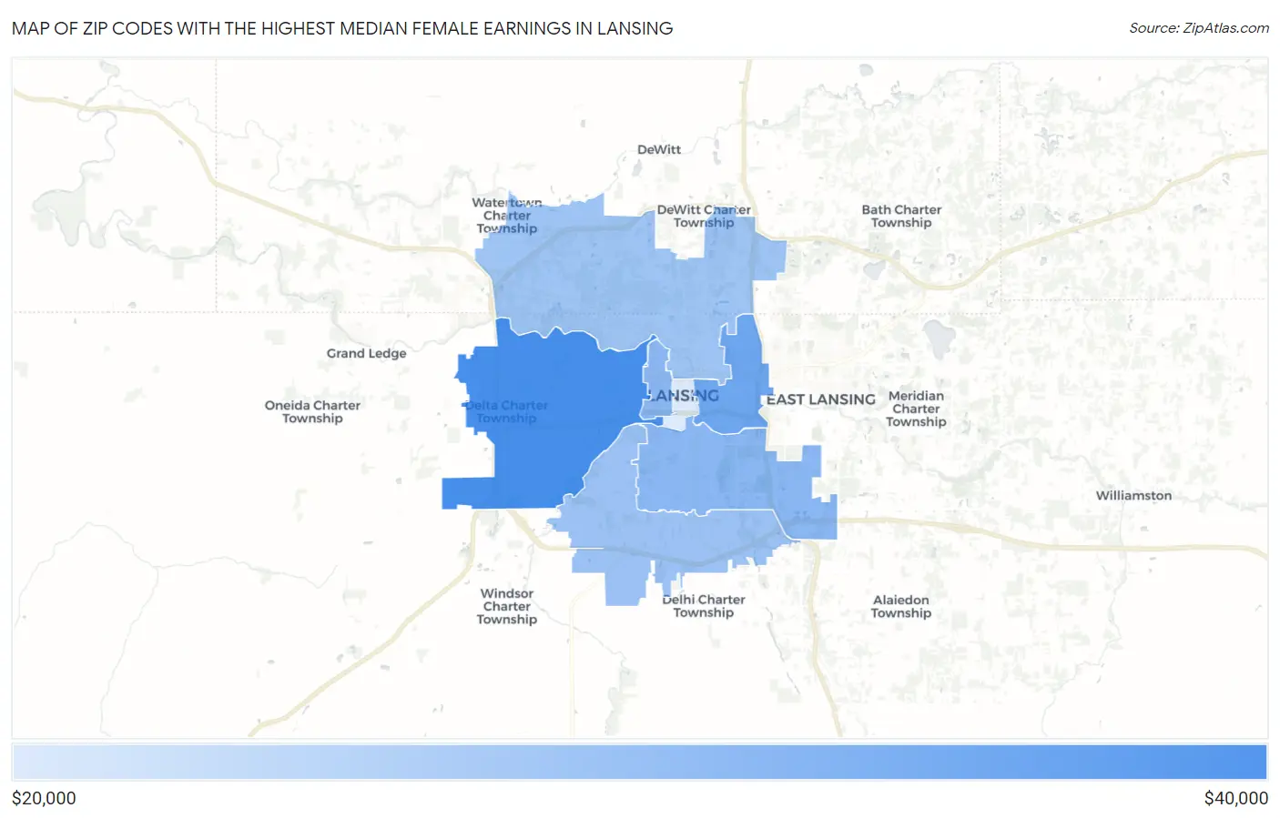 Zip Codes with the Highest Median Female Earnings in Lansing Map