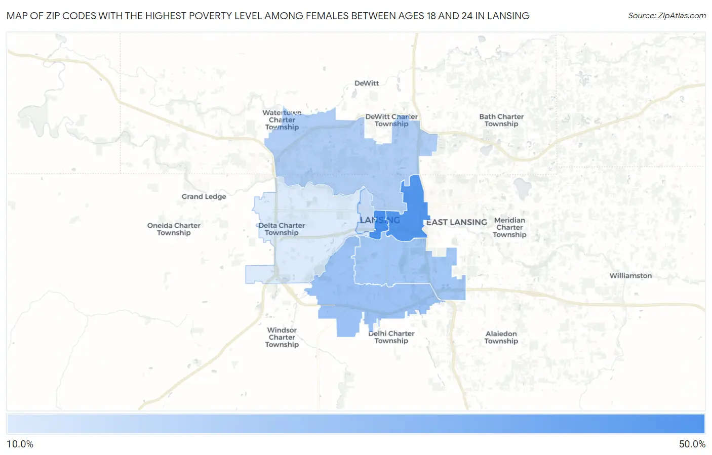 Zip Codes with the Highest Poverty Level Among Females Between Ages 18 and 24 in Lansing Map