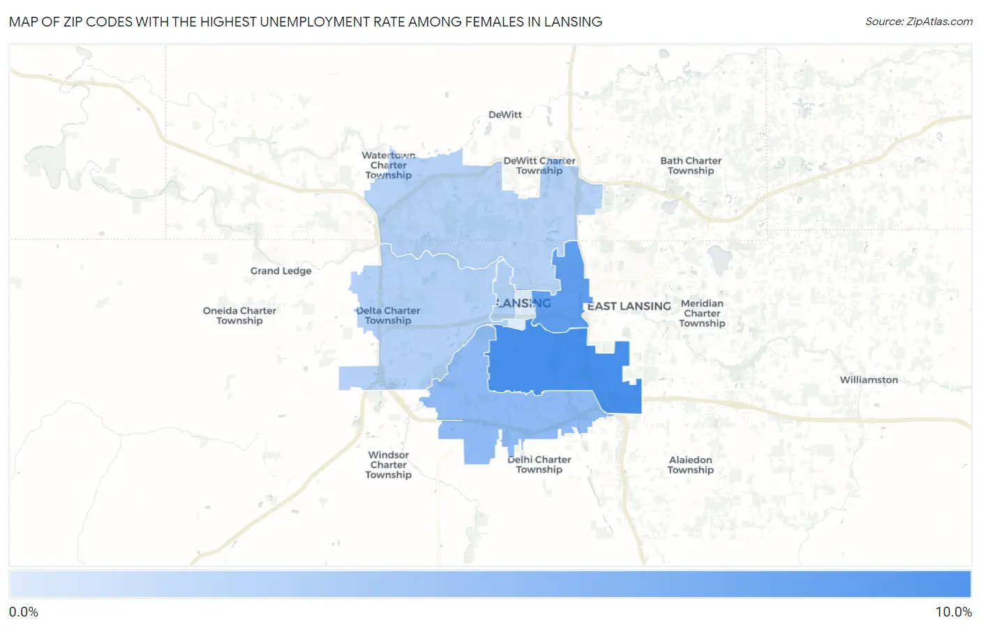Zip Codes with the Highest Unemployment Rate Among Females in Lansing Map