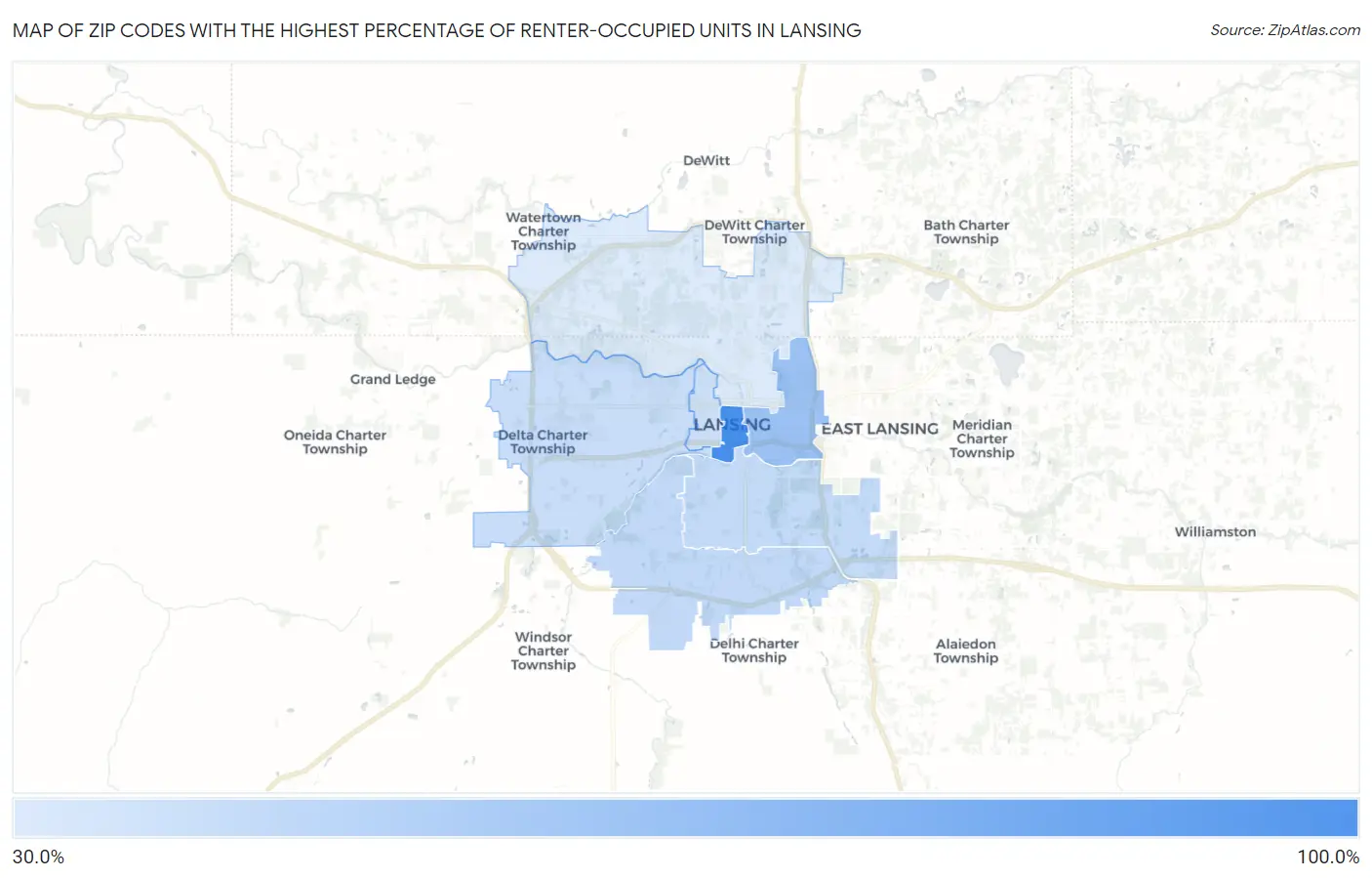 Zip Codes with the Highest Percentage of Renter-Occupied Units in Lansing Map