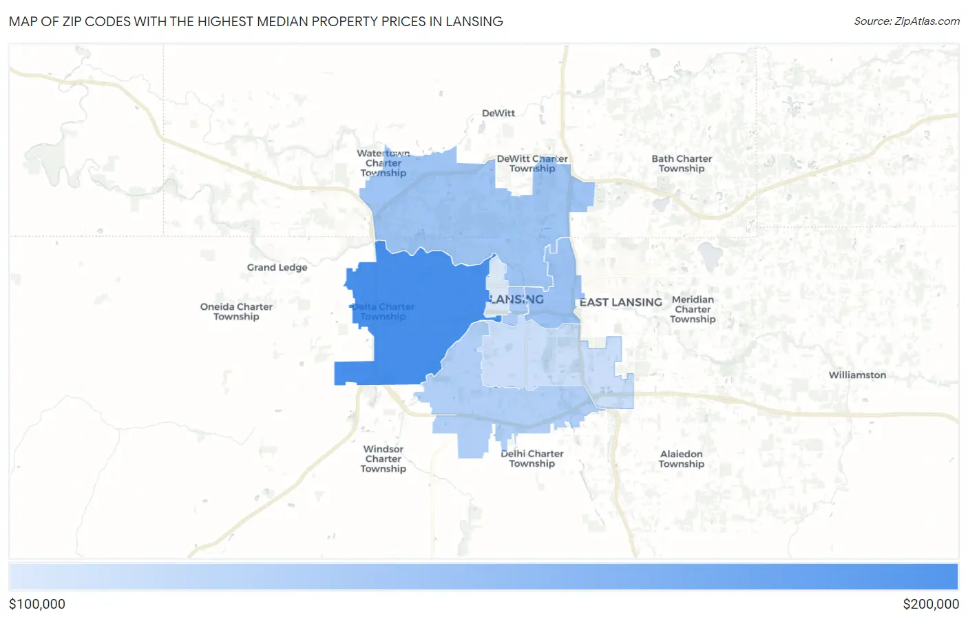 Zip Codes with the Highest Median Property Prices in Lansing Map