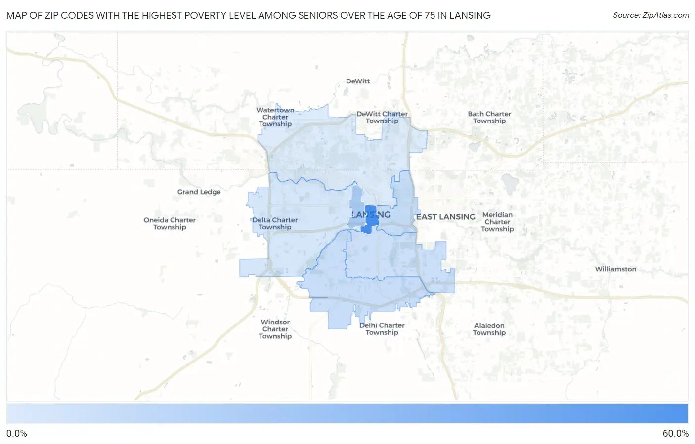 Zip Codes with the Highest Poverty Level Among Seniors Over the Age of 75 in Lansing Map