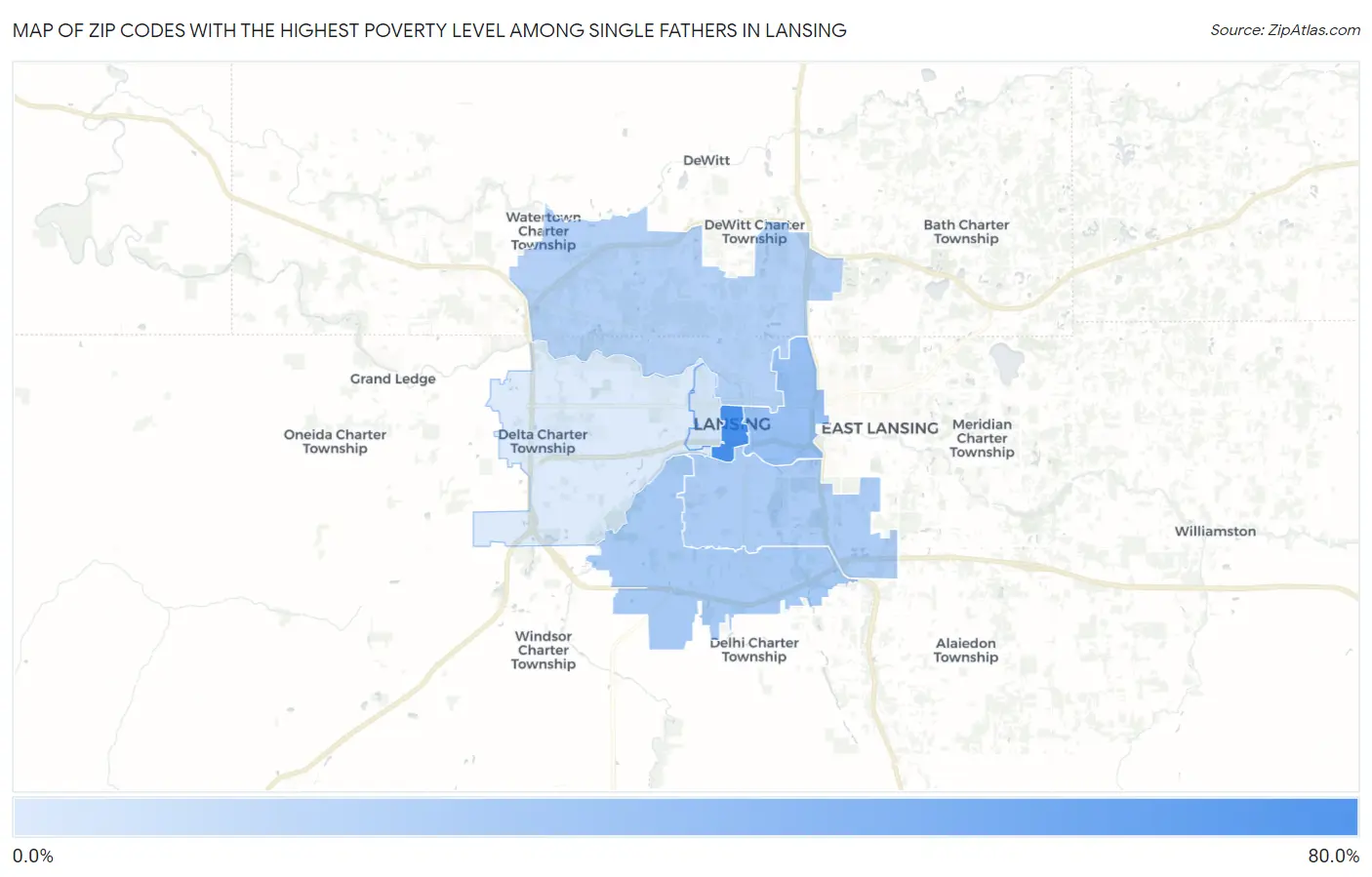 Zip Codes with the Highest Poverty Level Among Single Fathers in Lansing Map