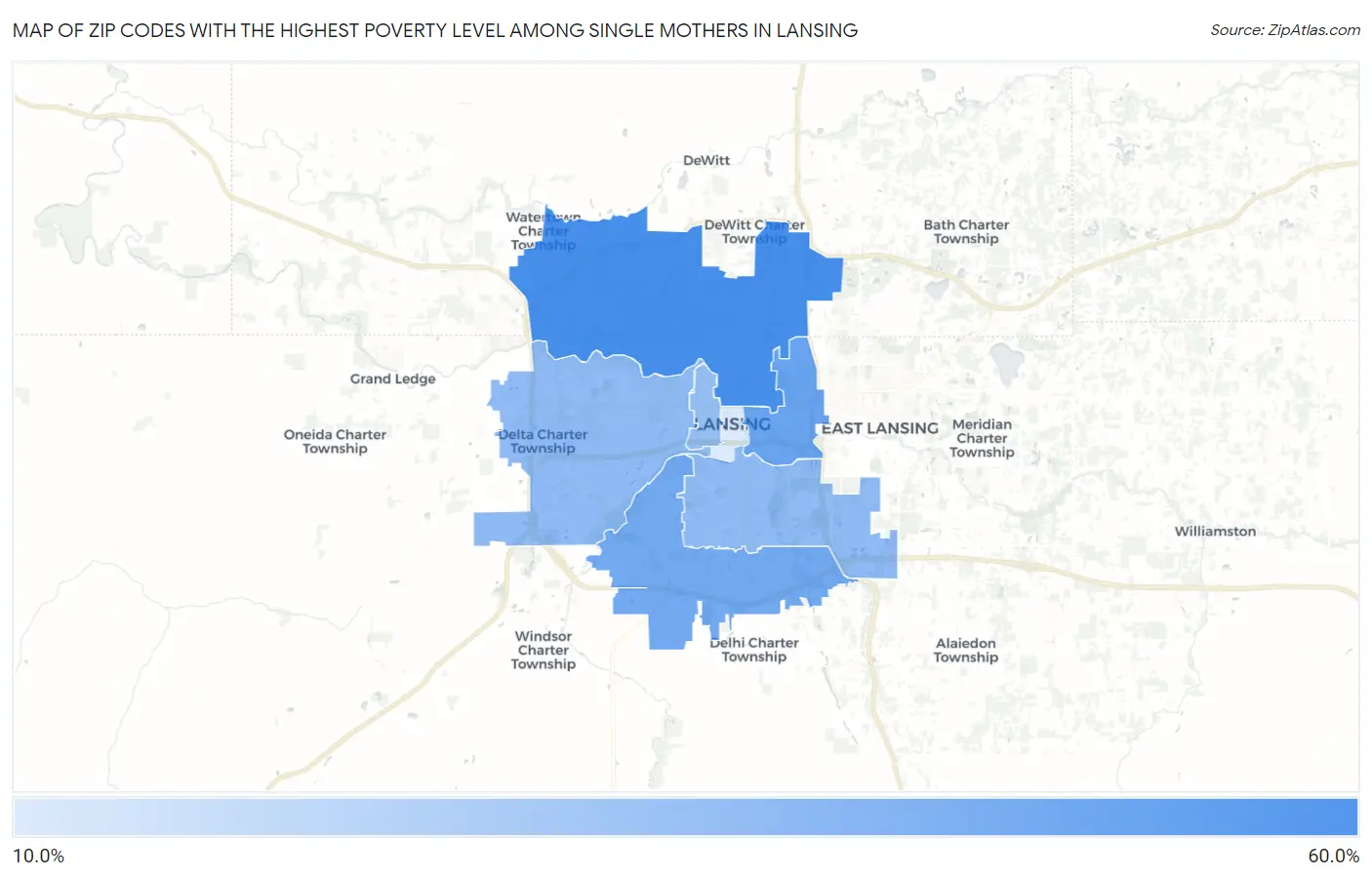 Zip Codes with the Highest Poverty Level Among Single Mothers in Lansing Map
