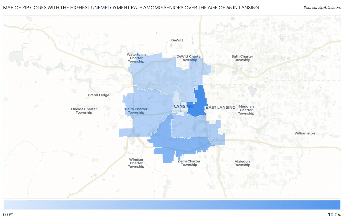 Zip Codes with the Highest Unemployment Rate Amomg Seniors Over the Age of 65 in Lansing Map