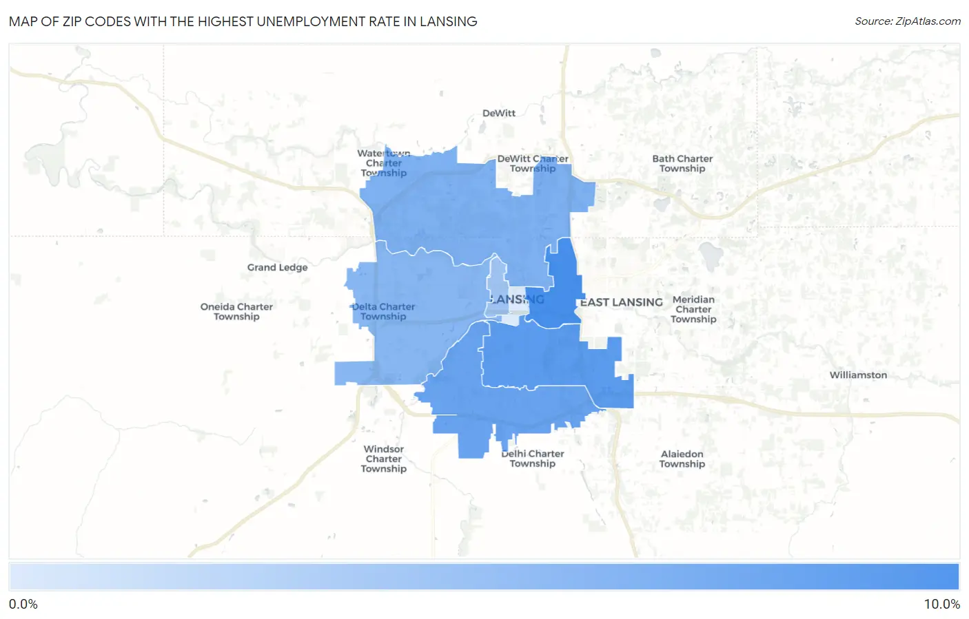 Zip Codes with the Highest Unemployment Rate in Lansing Map