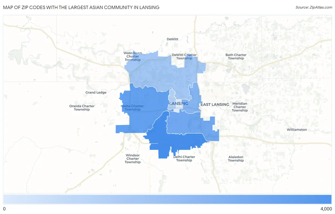 Zip Codes with the Largest Asian Community in Lansing Map