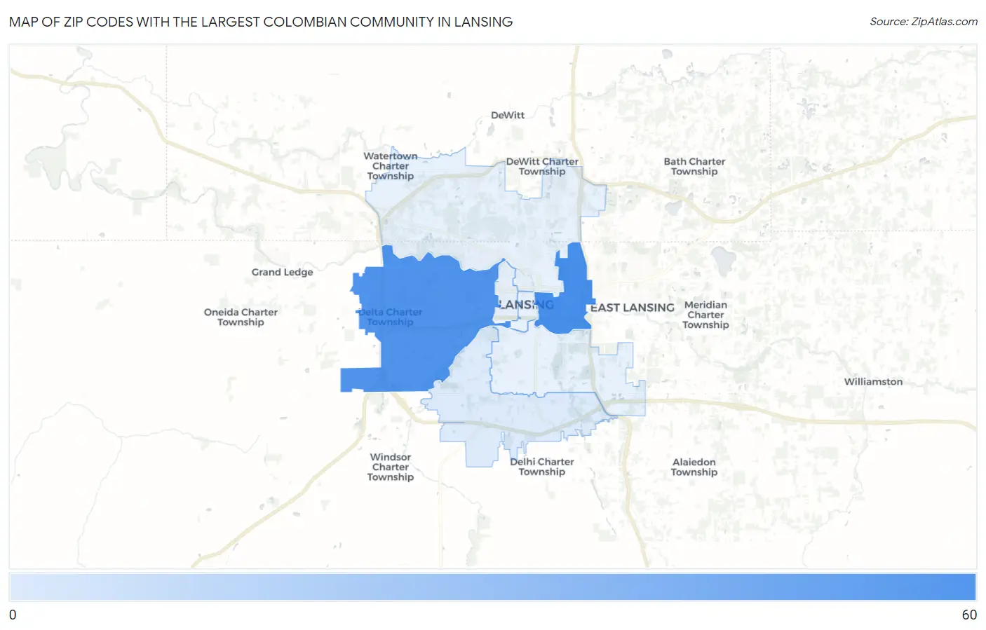 Zip Codes with the Largest Colombian Community in Lansing Map