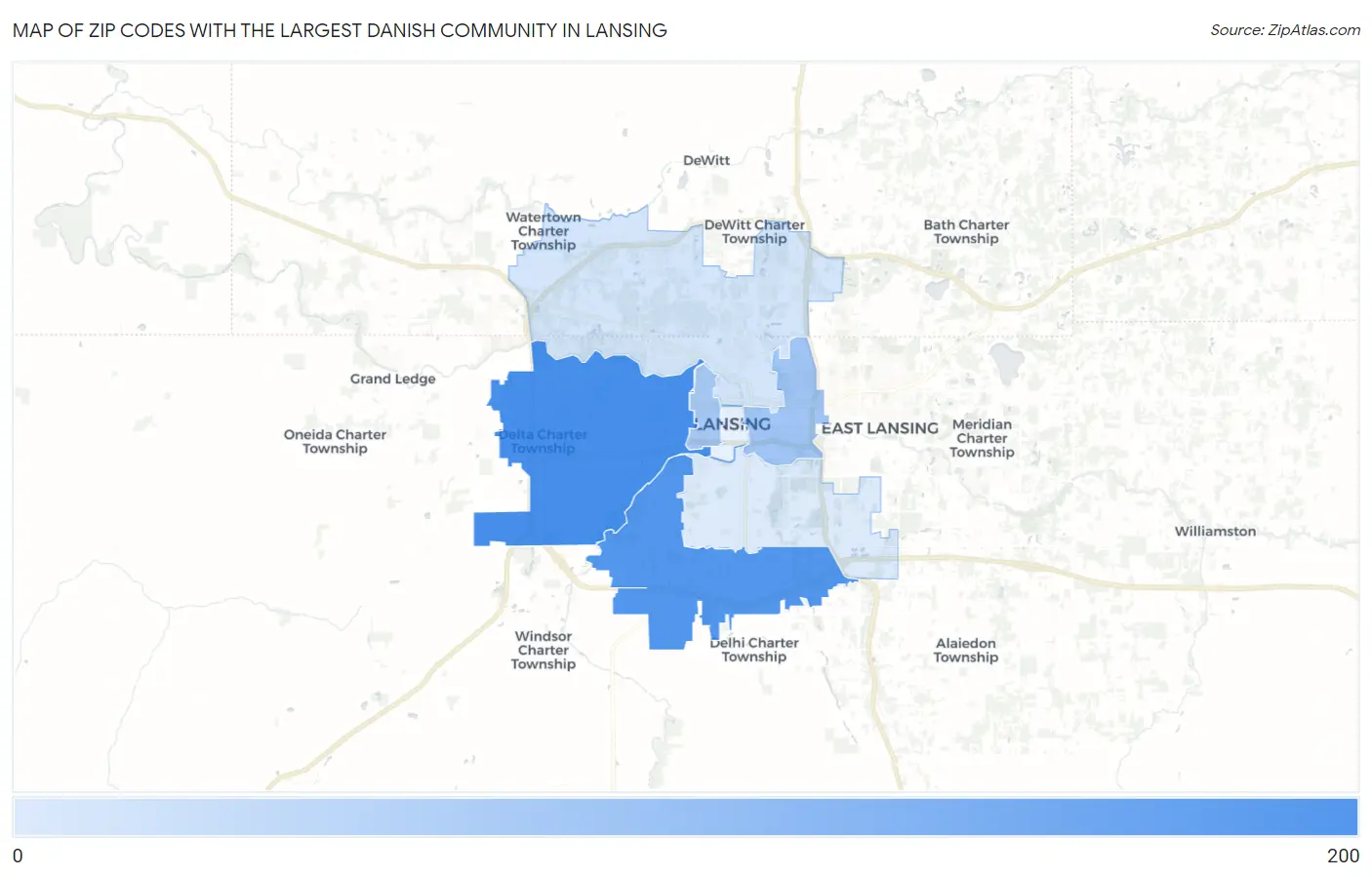 Zip Codes with the Largest Danish Community in Lansing Map