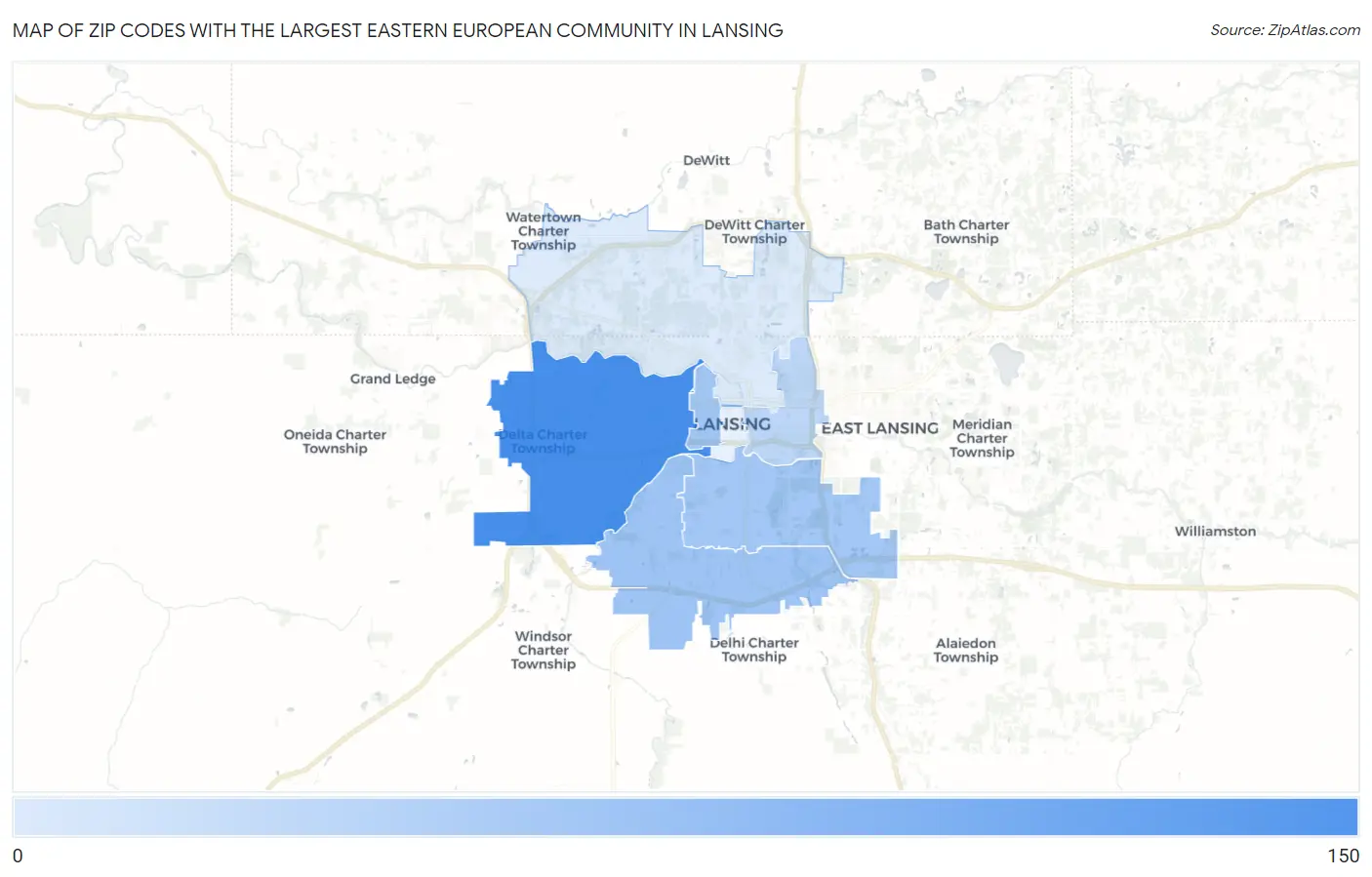 Zip Codes with the Largest Eastern European Community in Lansing Map