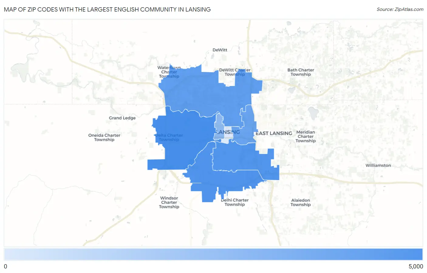 Zip Codes with the Largest English Community in Lansing Map