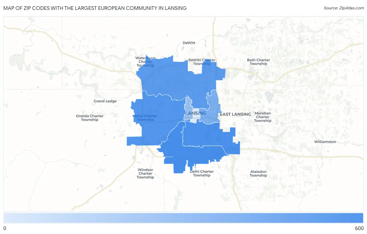 Zip Codes with the Largest European Community in Lansing Map