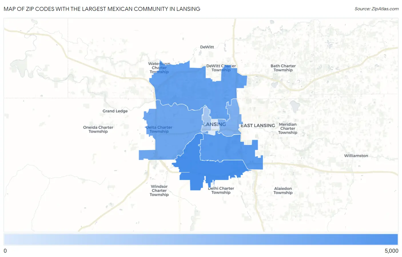 Zip Codes with the Largest Mexican Community in Lansing Map