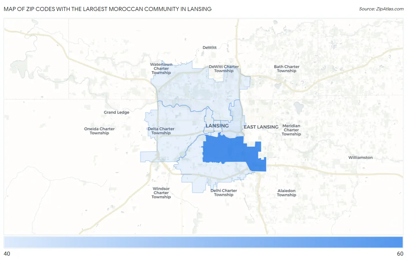 Zip Codes with the Largest Moroccan Community in Lansing Map