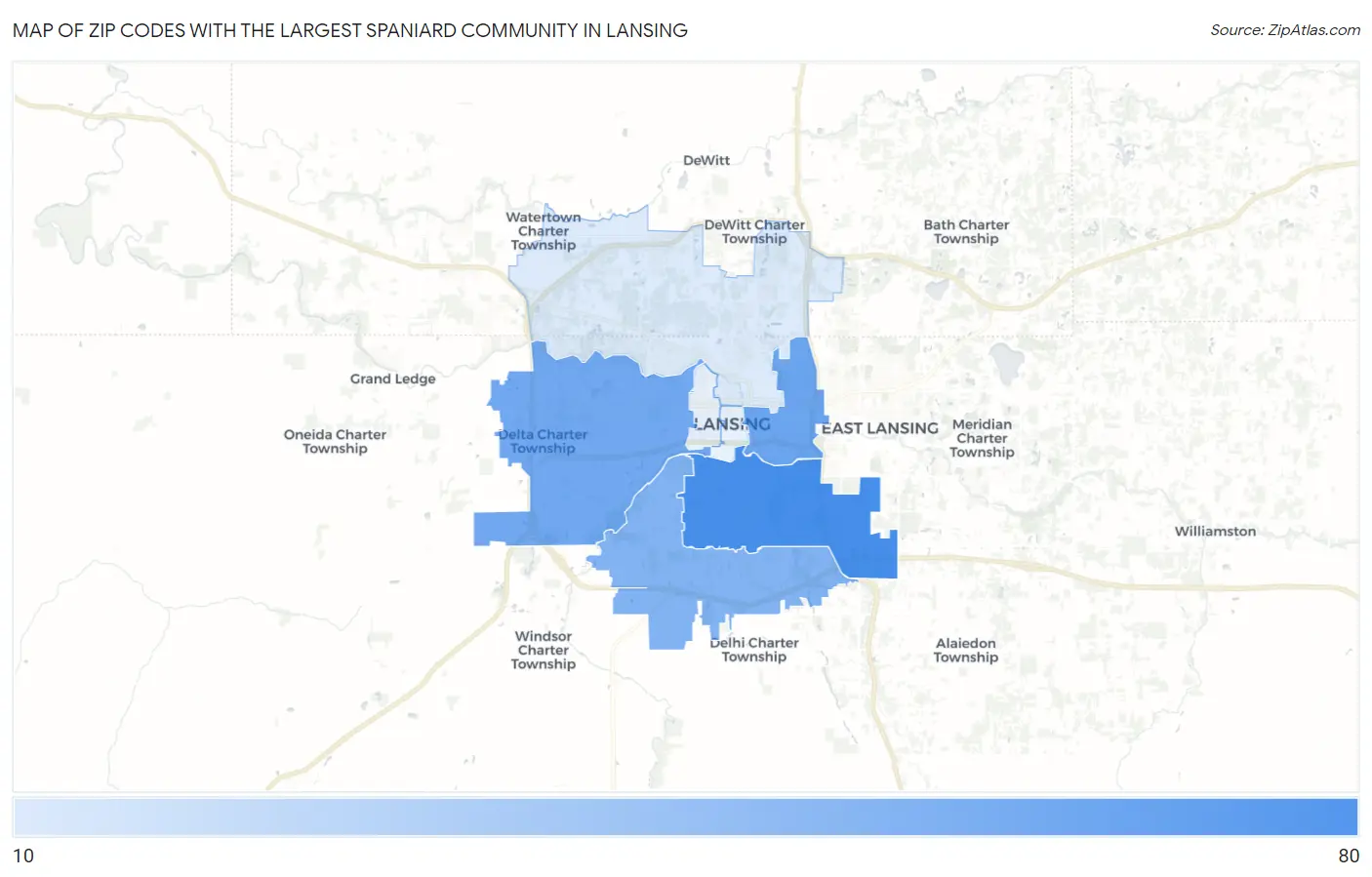 Zip Codes with the Largest Spaniard Community in Lansing Map