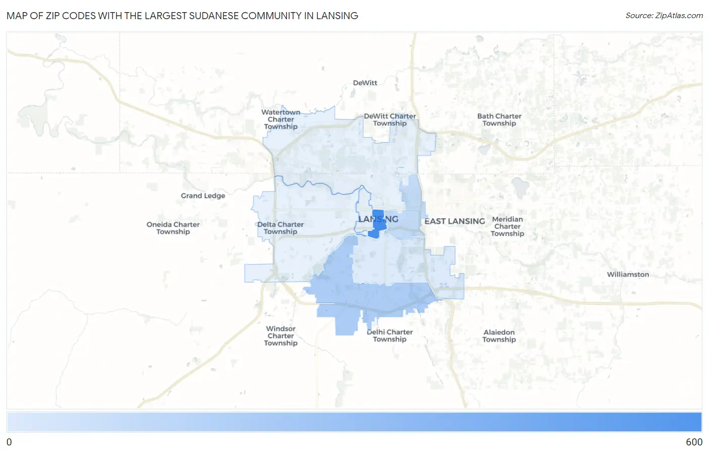 Zip Codes with the Largest Sudanese Community in Lansing Map