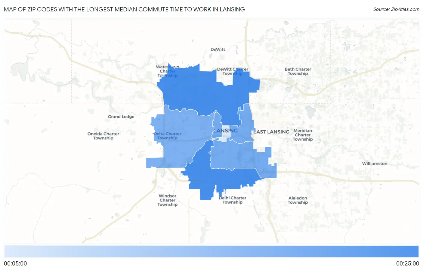 Zip Codes with the Longest Median Commute Time to Work in Lansing Map