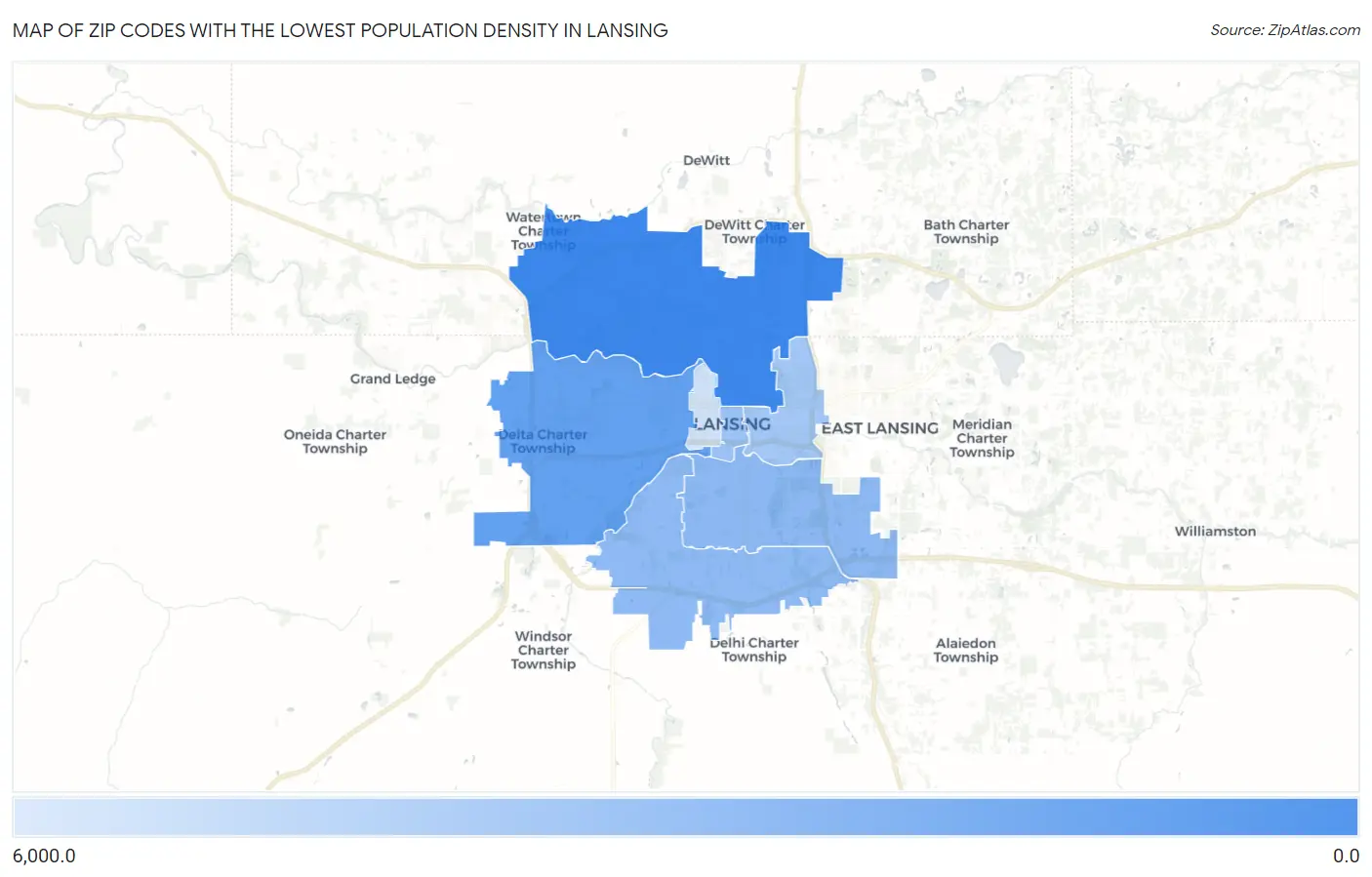 Zip Codes with the Lowest Population Density in Lansing Map