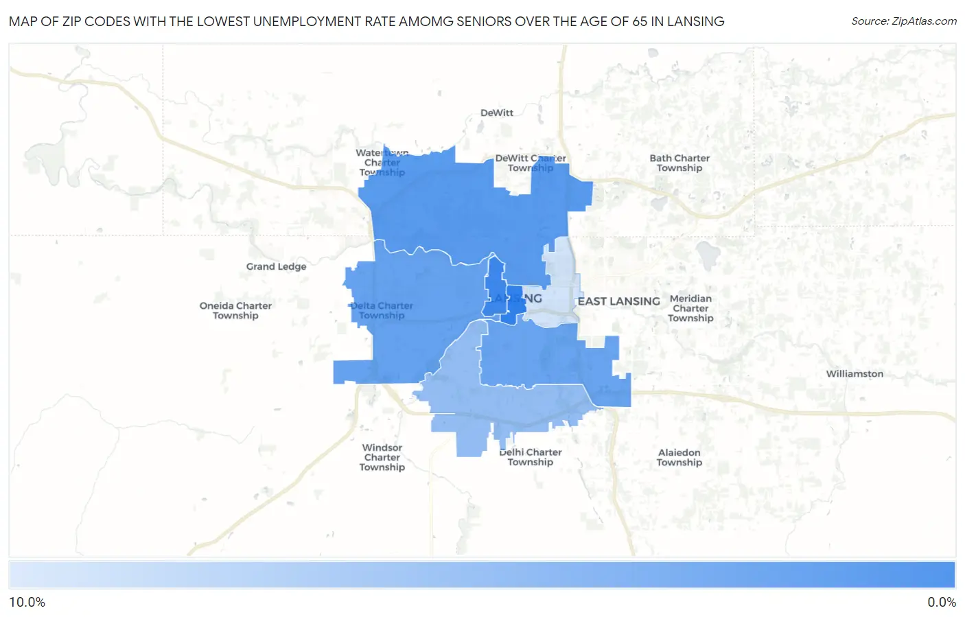 Zip Codes with the Lowest Unemployment Rate Amomg Seniors Over the Age of 65 in Lansing Map
