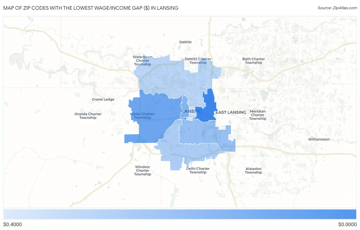 Zip Codes with the Lowest Wage/Income Gap ($) in Lansing Map