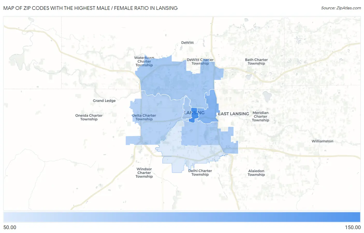 Zip Codes with the Highest Male / Female Ratio in Lansing Map