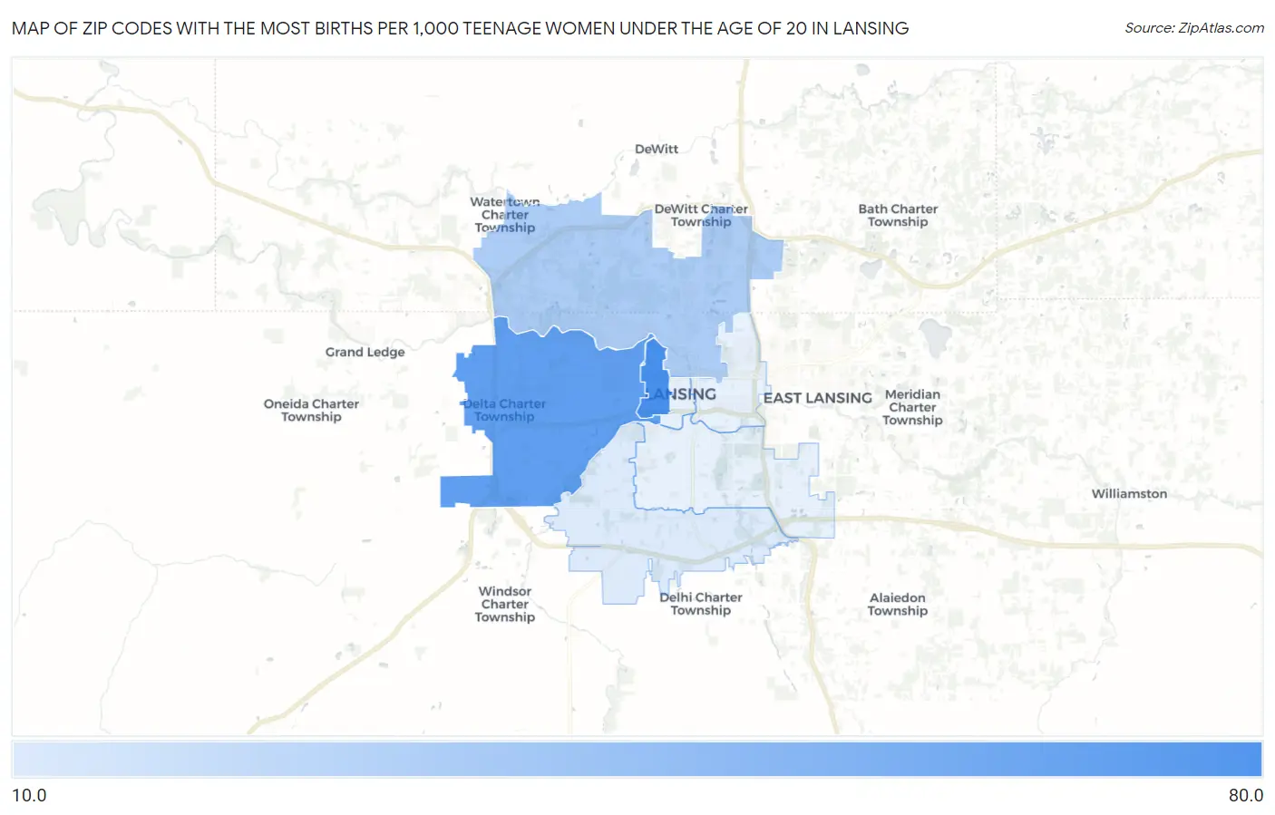 Zip Codes with the Most Births per 1,000 Teenage Women Under the Age of 20 in Lansing Map