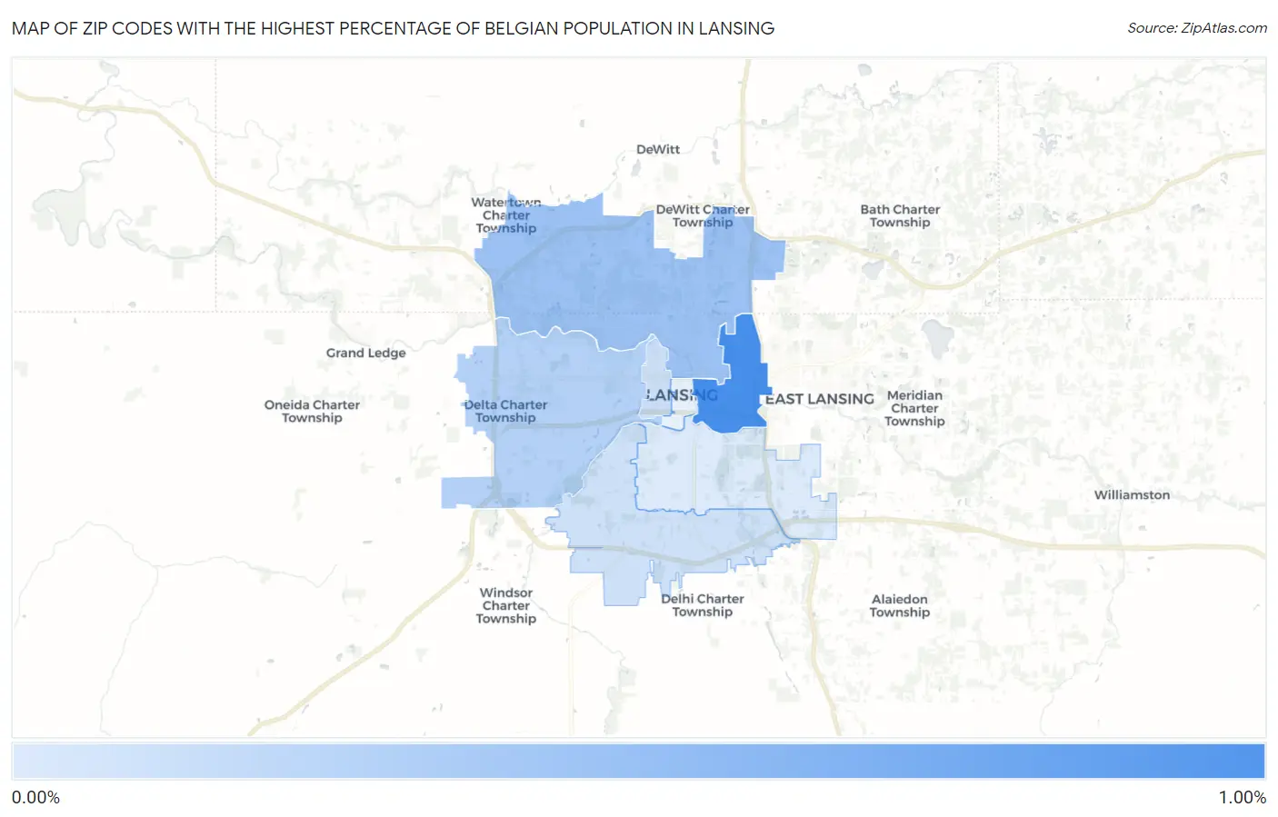 Zip Codes with the Highest Percentage of Belgian Population in Lansing Map