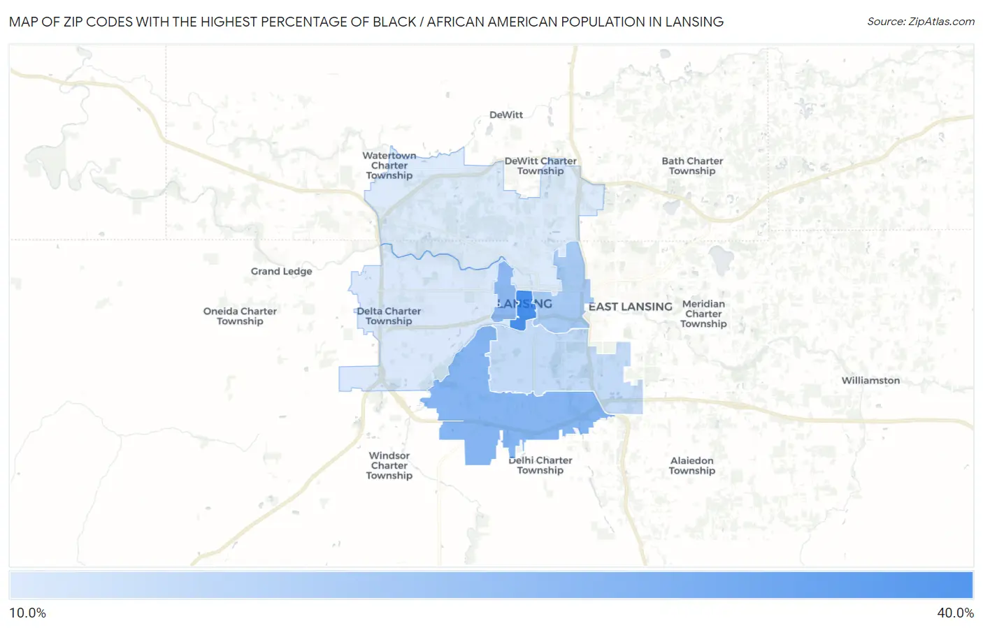 Zip Codes with the Highest Percentage of Black / African American Population in Lansing Map