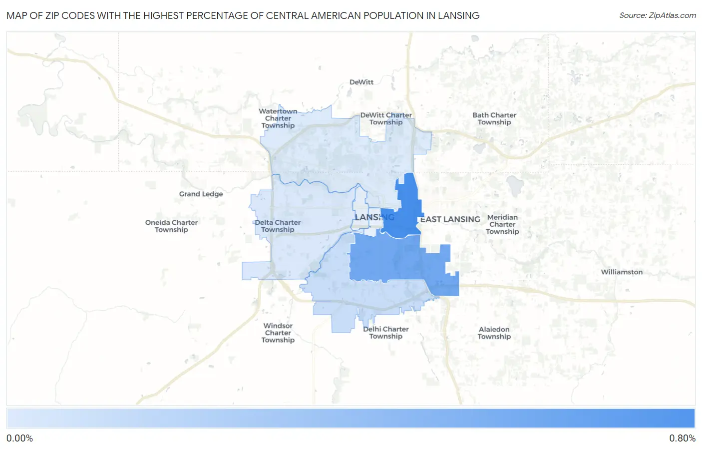 Zip Codes with the Highest Percentage of Central American Population in Lansing Map