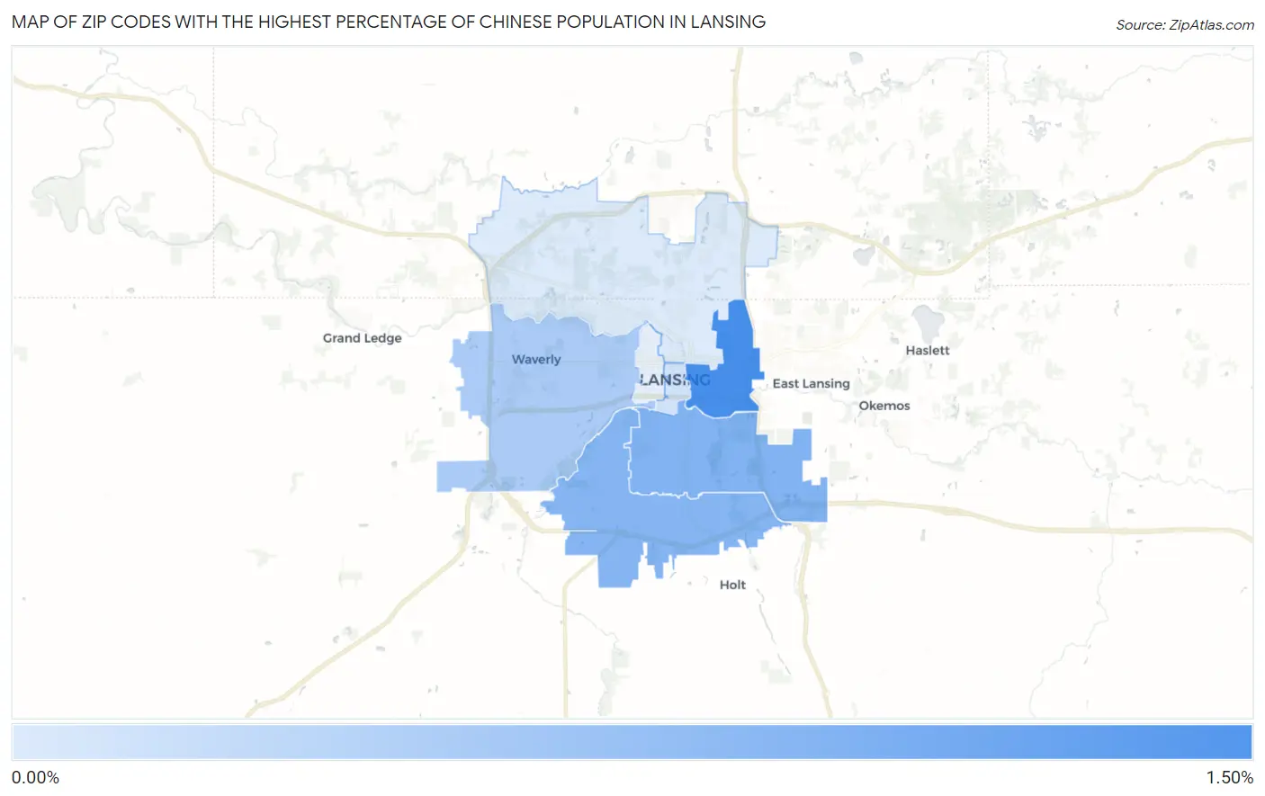 Zip Codes with the Highest Percentage of Chinese Population in Lansing Map
