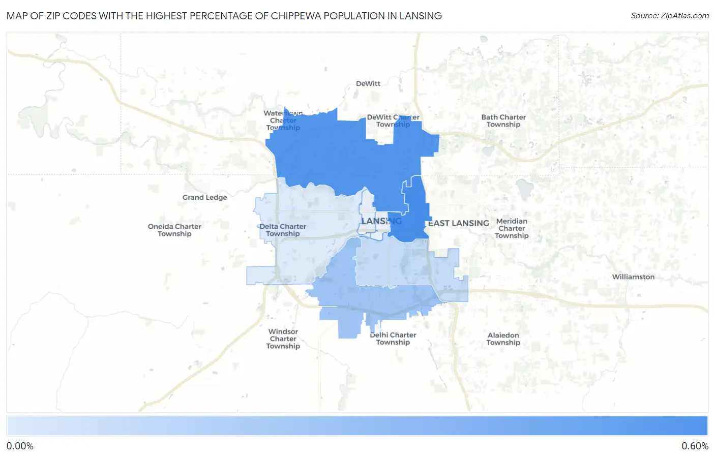 Zip Codes with the Highest Percentage of Chippewa Population in Lansing Map