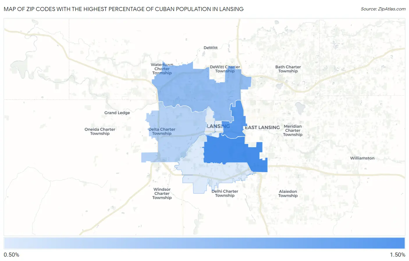 Zip Codes with the Highest Percentage of Cuban Population in Lansing Map