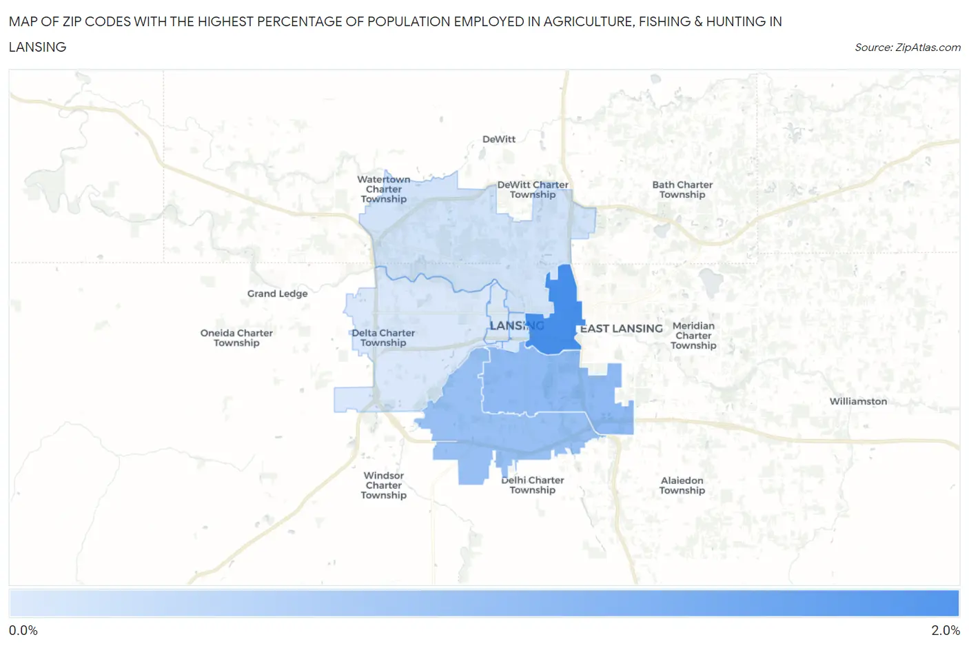 Zip Codes with the Highest Percentage of Population Employed in Agriculture, Fishing & Hunting in Lansing Map
