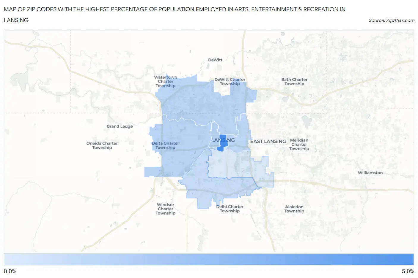 Zip Codes with the Highest Percentage of Population Employed in Arts, Entertainment & Recreation in Lansing Map