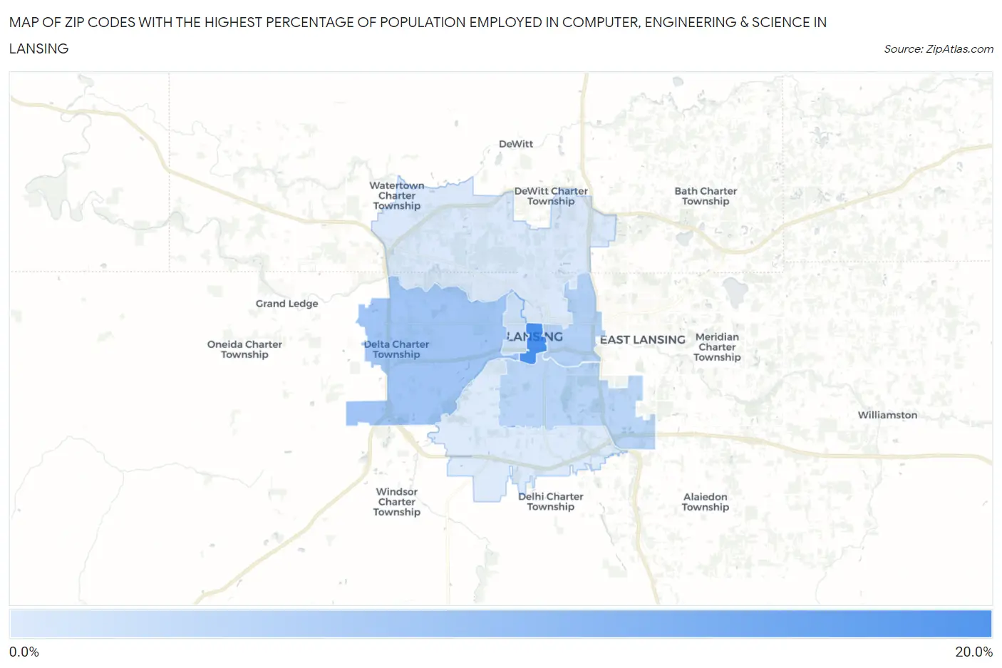 Zip Codes with the Highest Percentage of Population Employed in Computer, Engineering & Science in Lansing Map