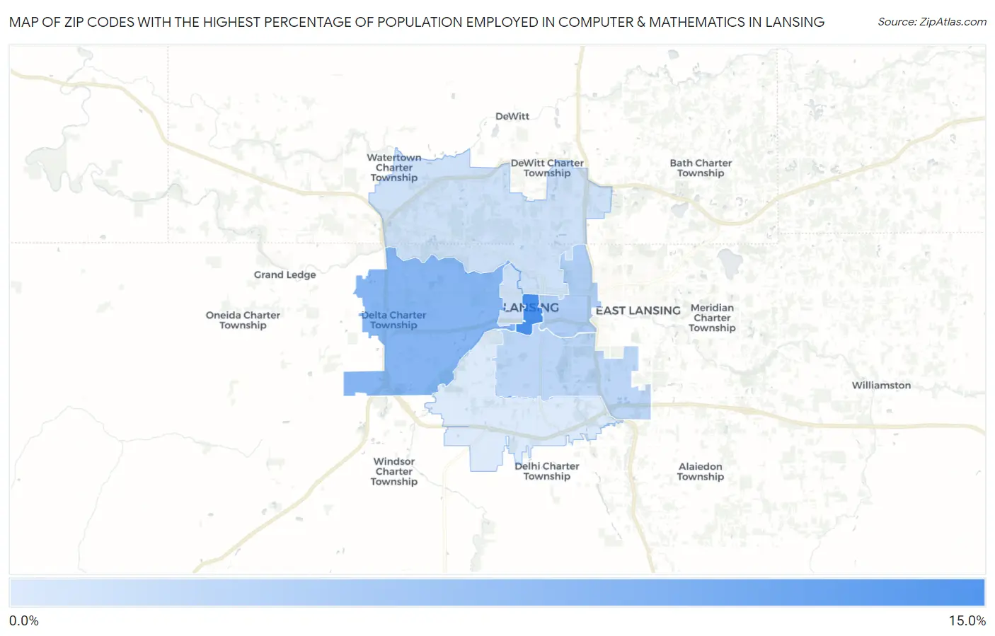 Zip Codes with the Highest Percentage of Population Employed in Computer & Mathematics in Lansing Map