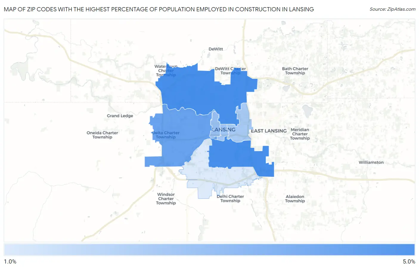 Zip Codes with the Highest Percentage of Population Employed in Construction in Lansing Map