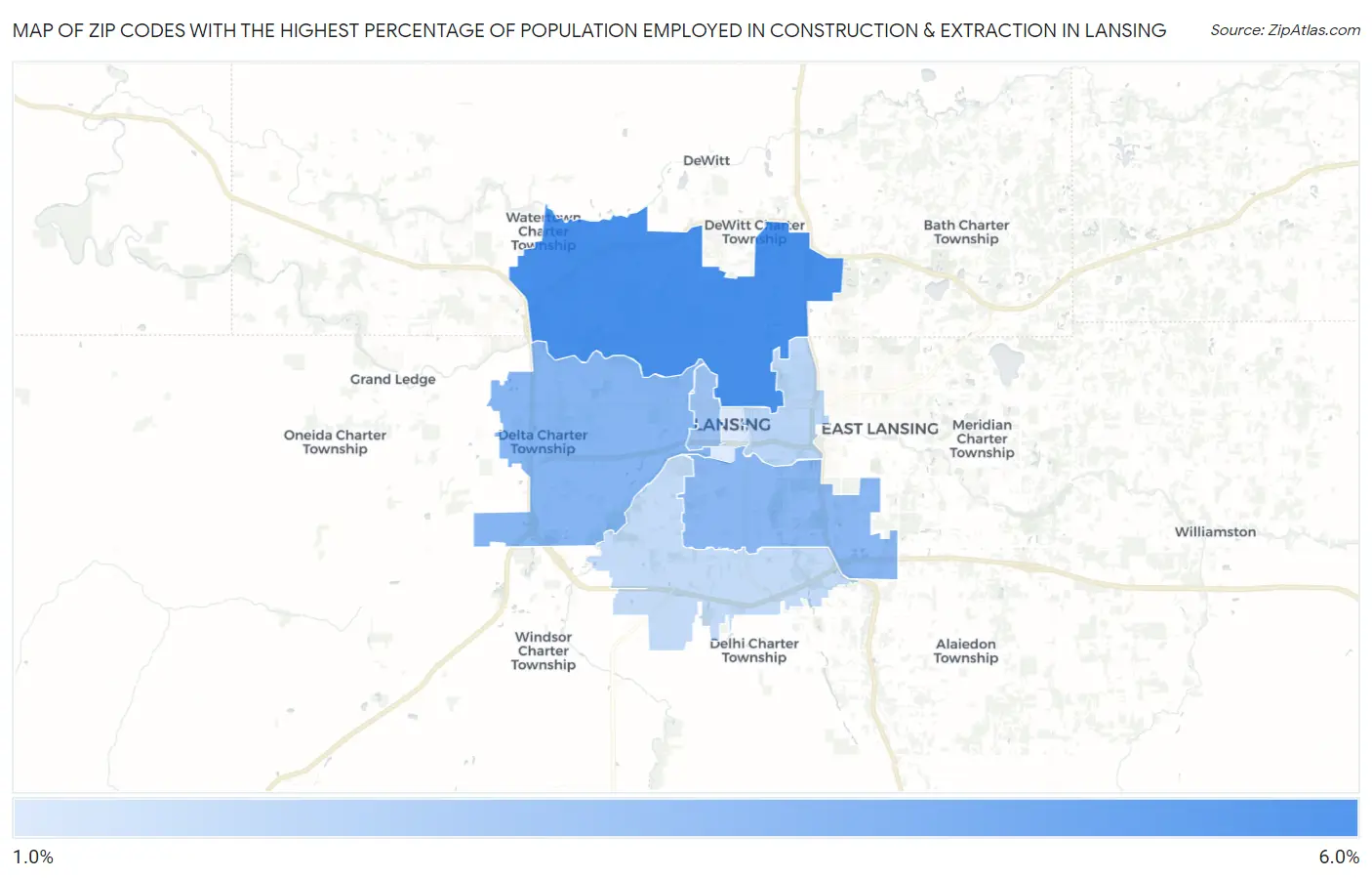 Zip Codes with the Highest Percentage of Population Employed in Construction & Extraction in Lansing Map