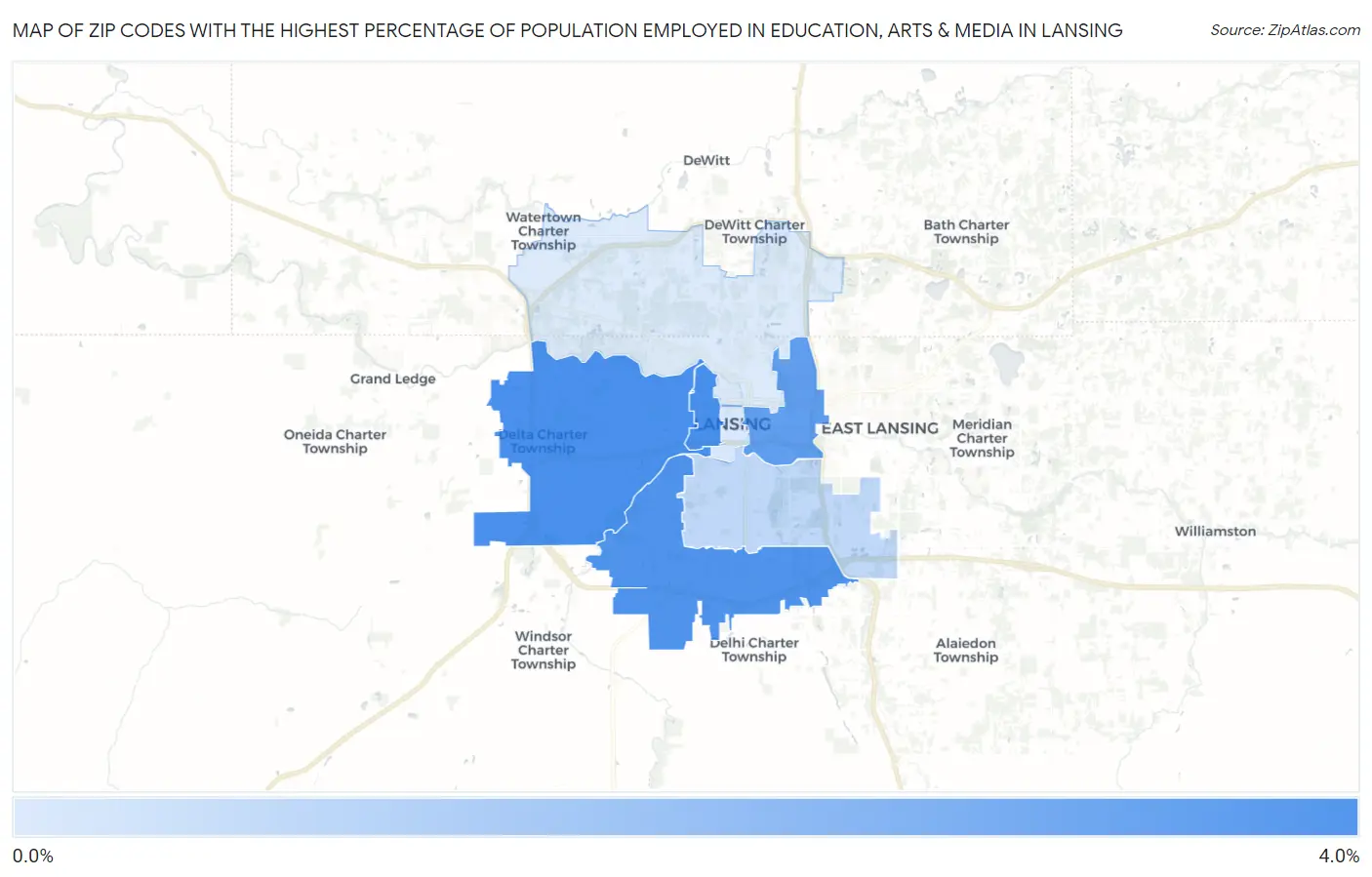 Zip Codes with the Highest Percentage of Population Employed in Education, Arts & Media in Lansing Map