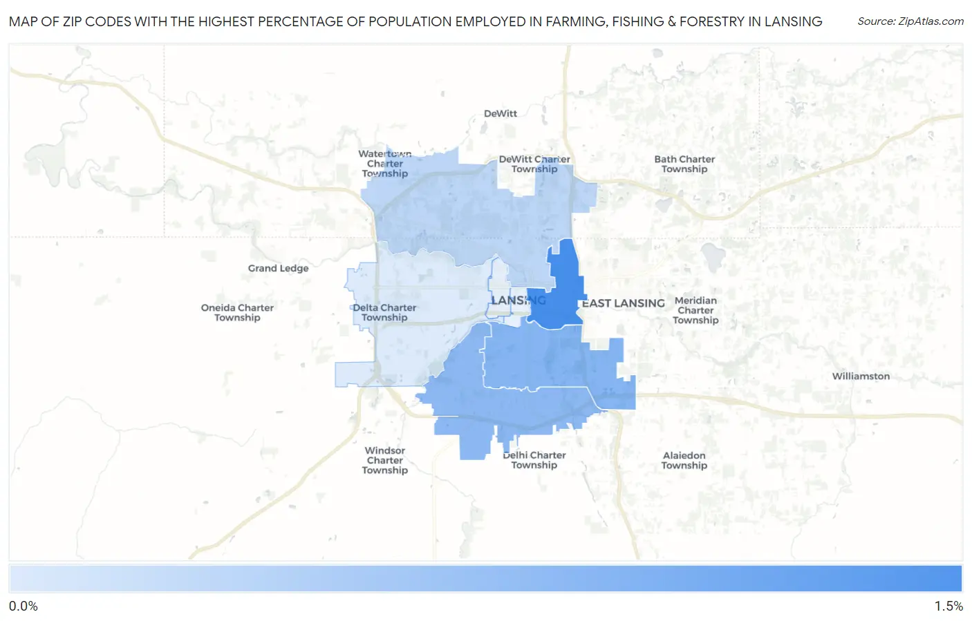 Zip Codes with the Highest Percentage of Population Employed in Farming, Fishing & Forestry in Lansing Map