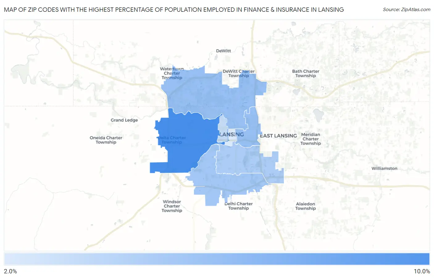Zip Codes with the Highest Percentage of Population Employed in Finance & Insurance in Lansing Map