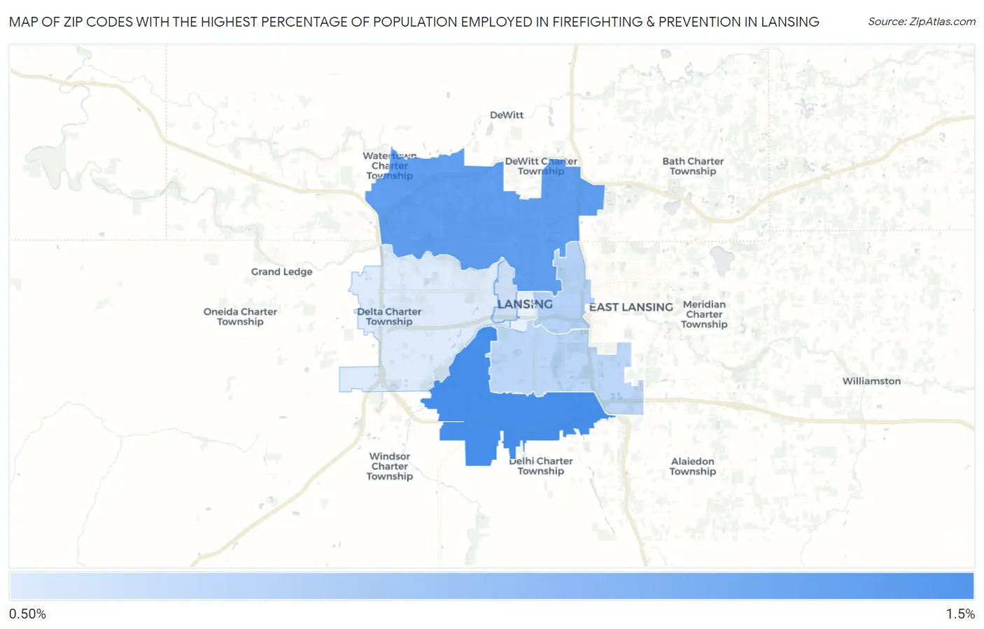 Zip Codes with the Highest Percentage of Population Employed in Firefighting & Prevention in Lansing Map