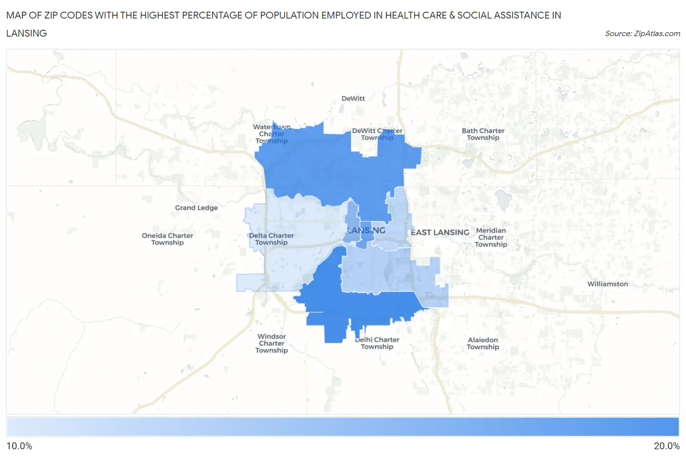 Zip Codes with the Highest Percentage of Population Employed in Health Care & Social Assistance in Lansing Map